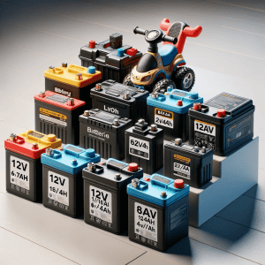An assortment of kids' ride-on toy batteries, neatly arranged with labels showing different specifications like 12V/7AH, 12V/10AH, 6V/4AH, and 24V/7AH.