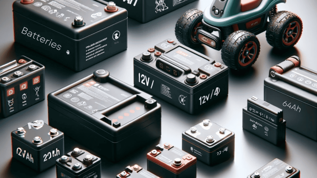 RiiRoo Battery Upgrade - A collection of various kids' ride-on toy car batteries arranged neatly with different sizes and capacities visible. The batteries are labeled with specifications like 12V/7AH, 12V/10AH, 6V/4AH, and 24V/7AH