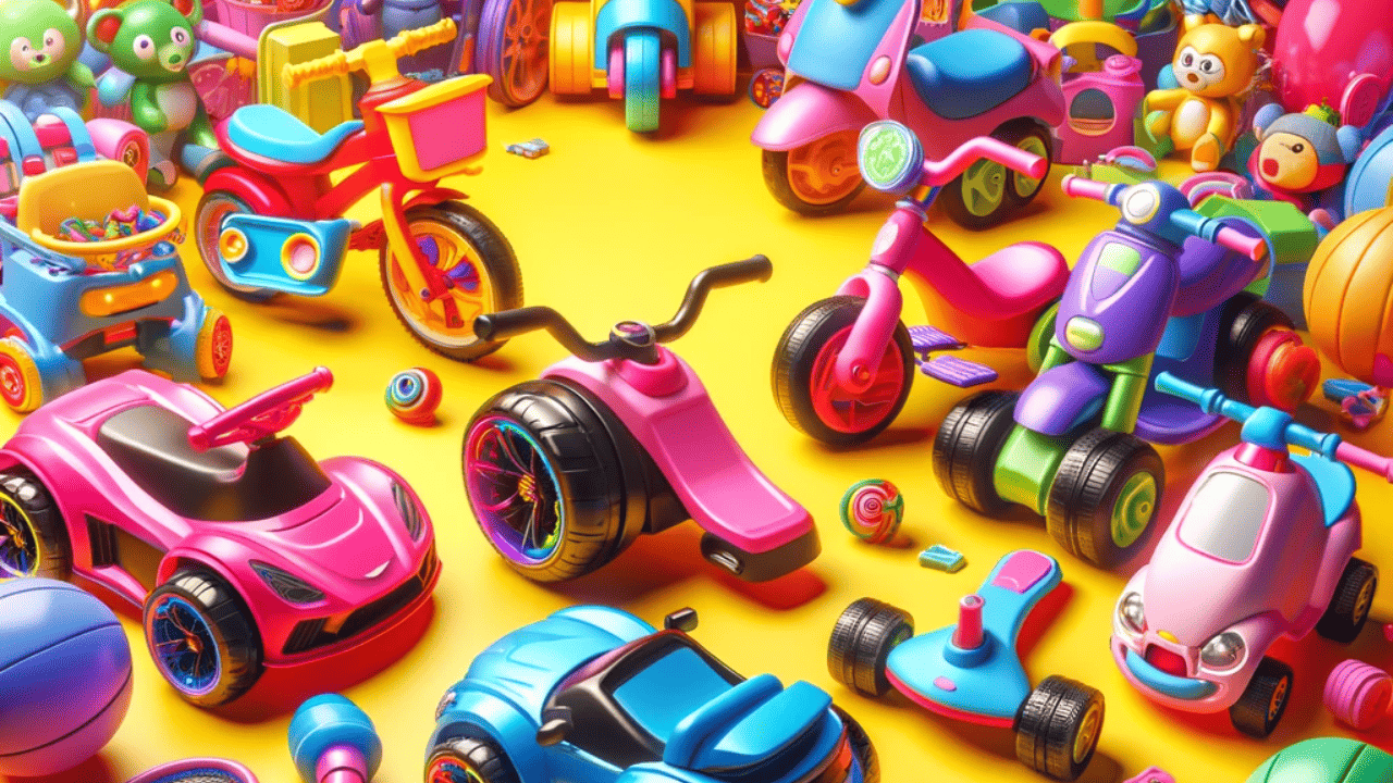 A playful and colorful background featuring various kids' ride-on toys, such as electric cars, scooters, and bikes, scattered around in a fun and inviting arrangement.