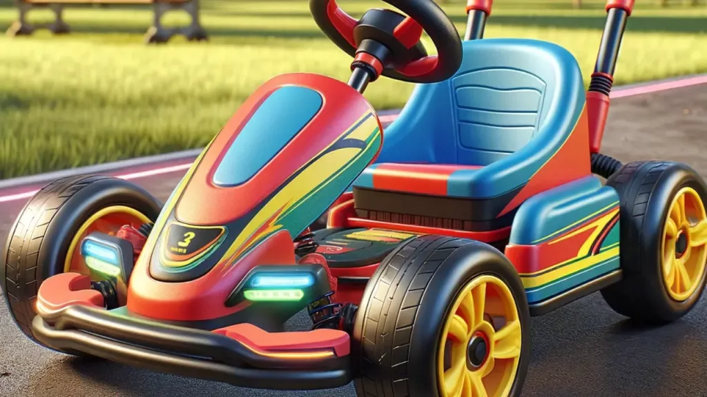 A colorful children's electric go-kart on an outdoor track.
