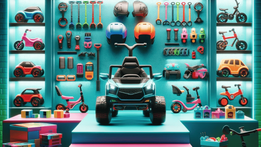A colorful digital storefront displaying a variety of ride-on toys, including cars, bikes, and scooters, with an array of accessories like helmets and batteries on the shelves.