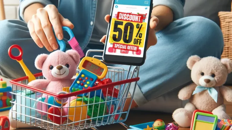 Cost-Effective Shopping - a collage of a shopping cart filled with various children's toys and a parent comparing prices on a smartphone