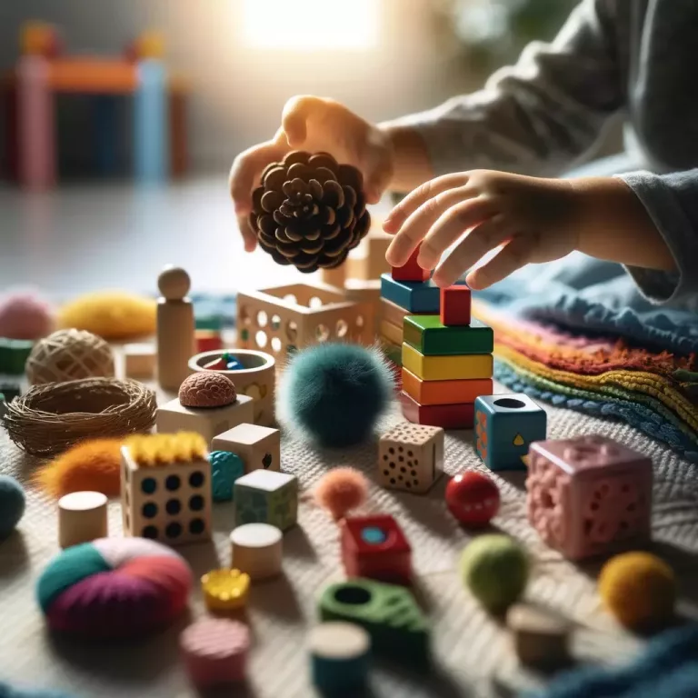 A photograph depicting a child's hands engaged in creative play with open-ended toys, symbolising the benefits in child development.