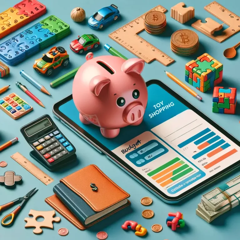 Budgeting Toy Shopping Wisely - a piggy bank, a budget spreadsheet on a tablet or computer screen, and a selection of toys like puzzles, action figures, and educational toys.