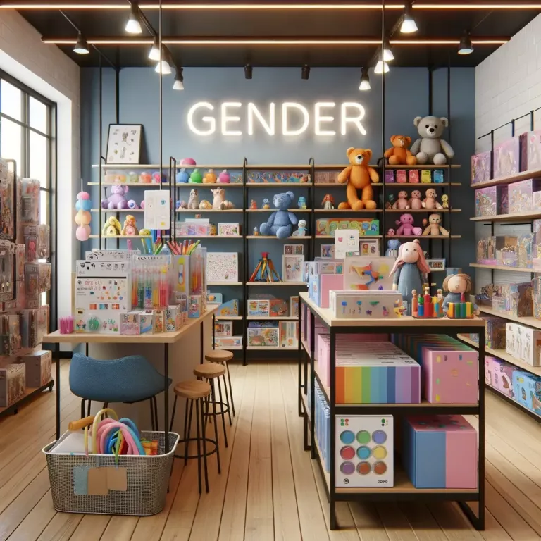 A bright and modern toy store showcasing a variety of gender-neutral toys. The shelves are stocked with a diverse selection of items such as puzzles, science kits, art supplies, and plush toys in a spectrum of colors beyond the traditional pink and blue.