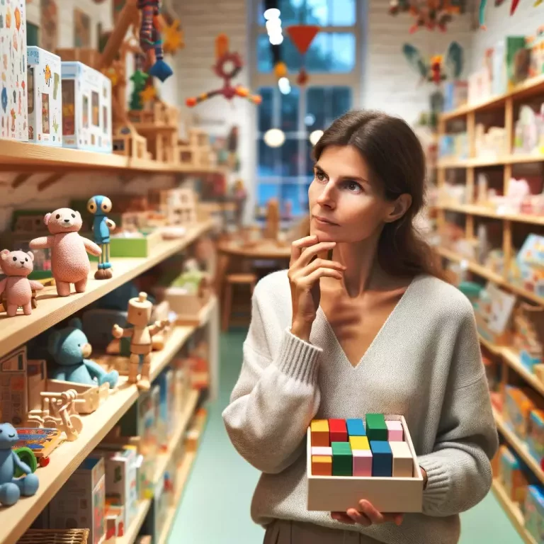 A photograph of a thoughtful parent choosing open-ended toys in a toy store. The store is filled with a variety of open-ended toys such as construction sets, art materials, and natural toys like wooden figures and textiles.