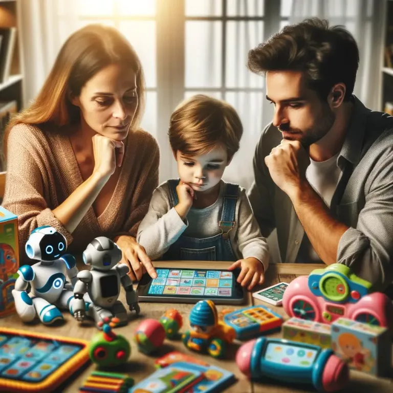 A scene depicting a family engaged in choosing the right smart toys. The parents are sitting with their child at a table, surrounded by a variety of smart toys like a programmable robot