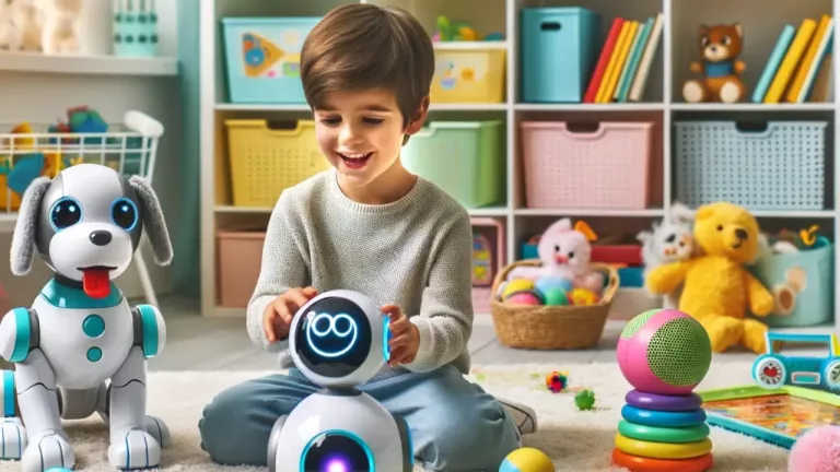 Kids Toy Deals - A cheerful scene in a child's room with a variety of smart toys including a robotic dog, interactive games, and electronic pets