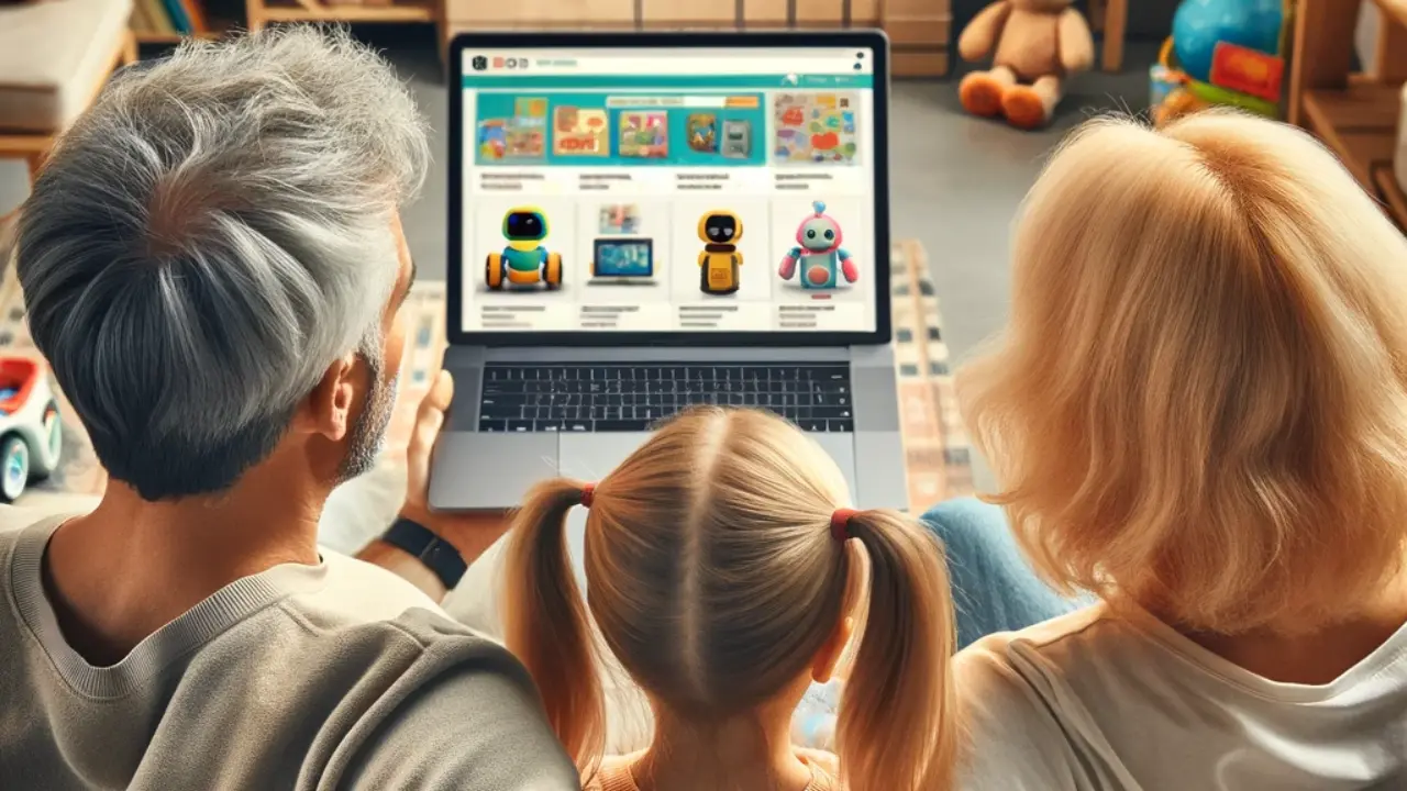 A family scene from behind, showing parents and a child sitting on a couch, looking over their shoulder at a laptop screen as they create a 'Smart Toy Wishlist