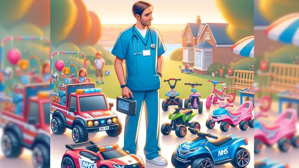 Eligibility for RiiRoo NHS Discounts - a healthcare professional in NHS uniform, standing beside a variety of children's ride-on toys, including electric cars, bikes, scooters, and ATVs.