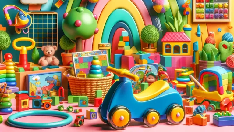 A colorful, vibrant scene depicting a variety of children's toys including ride-on toys, building blocks, board games, and eco-friendly toys, all arranged in a playful and inviting manner.