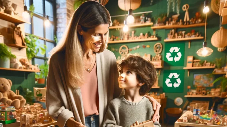 Eco-Friendly Toy Shopping - A heartwarming and engaging scene of a parent and child shopping for toys at a cozy, vibrant second-hand toy store.