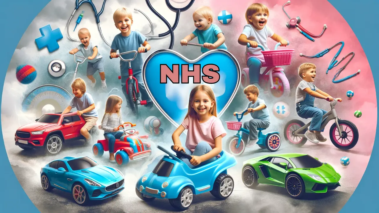 FAQs About RiiRoo NHS Discounts - A collage of kids enjoying various ride-on toys like cars and bikes, with a subtle background indicating healthcare, such as a stethoscope or a medical badge, to represent NHS discounts.