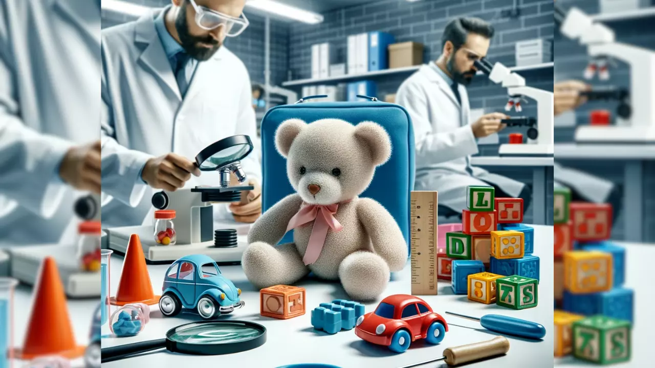 How Are Toys Tested For Safety - a variety of children's toys undergoing safety testing in a laboratory setting. The scene includes a teddy bear, a toy car, and building blocks, each being inspected by lab technicians using equipment like magnifying glasses and measurement tools.