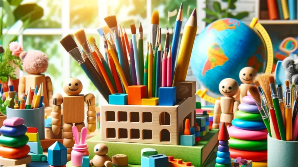 How Open-Ended Toys Spark Development & Learning - a variety of open-ended toys like building blocks, art supplies, and wooden figures.