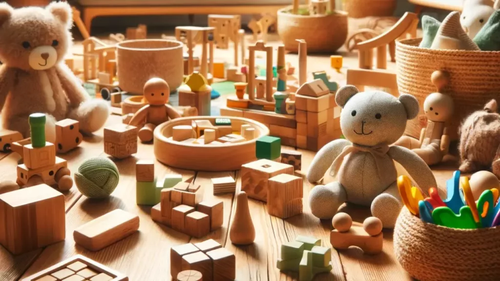 How To Research & Buy the Best Sustainable Toys for Your Kids - a variety of eco-friendly children's toys scattered on a wooden floor. The toys include wooden blocks, a bamboo puzzle, soft toys made from organic cotton, and some recycled plastic figurines.