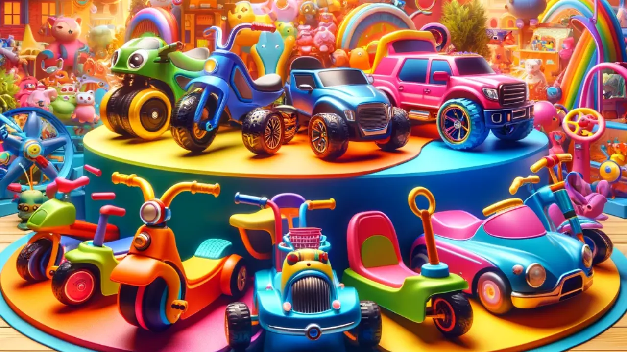Compare and Choose the Best RiiRoo Deals - A vibrant, playful image depicting a variety of children's ride-on toys, such as electric cars, bikes, and scooters, arranged in an attractive display.