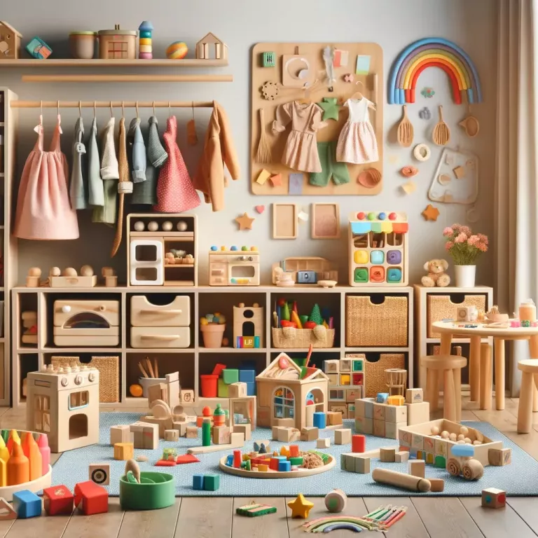 a variety of creative and educational toys scattered in an inviting, colorful playroom setting. There are wooden building blocks of different shapes and sizes, a set of colorful, non-toxic play dough.