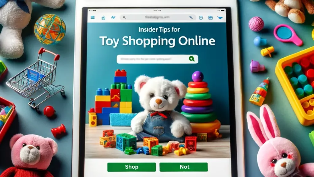 Toy Shopping Online - a variety of popular children's toys like stuffed animals, building blocks, and electronic games, arranged around a digital tablet displaying a shopping website.