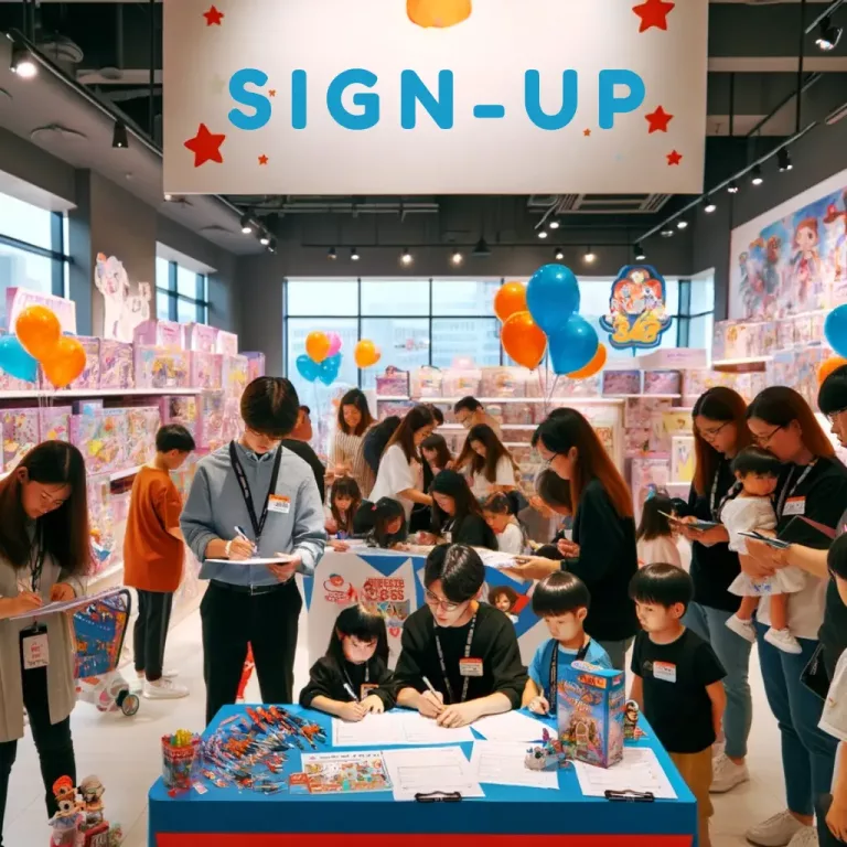 A lively scene inside a toy store where a promotional event is taking place. The store is bustling with activity, featuring a sign-up booth with banners promoting exclusive offers and discounts on toys.