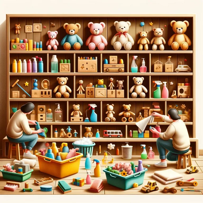 The theme of cleaning and maintaining second-hand toys. The scene includes a variety of second-hand toys, such as stuffed animals, wooden blocks, and plastic figures, being cleaned and maintained.
