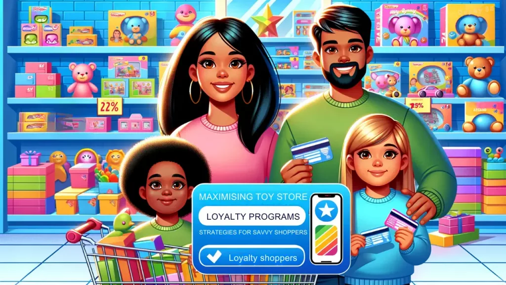 Maximising Toy Store Loyalty Programs - a happy family (a mother, a father, and two children of diverse descents) in a toy store, surrounded by colorful toys.