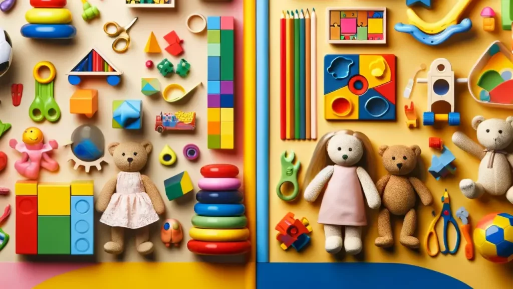 Open-Ended vs. Closed-Ended Toys - A collage of open-ended and closed-ended toys. The left side shows open-ended toys like colorful blocks, play silks, dolls, and creative art supplies. The right side features closed-ended toys such as puzzles, board games, shape sorters, and educational kits.