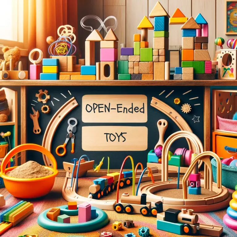 A variety of versatile toys that encourage creativity and imagination. Featured are classic wooden blocks in various shapes, a magnetic construction set with colorful pieces, a flexible toy train track set, a sandbox with various molds and tools