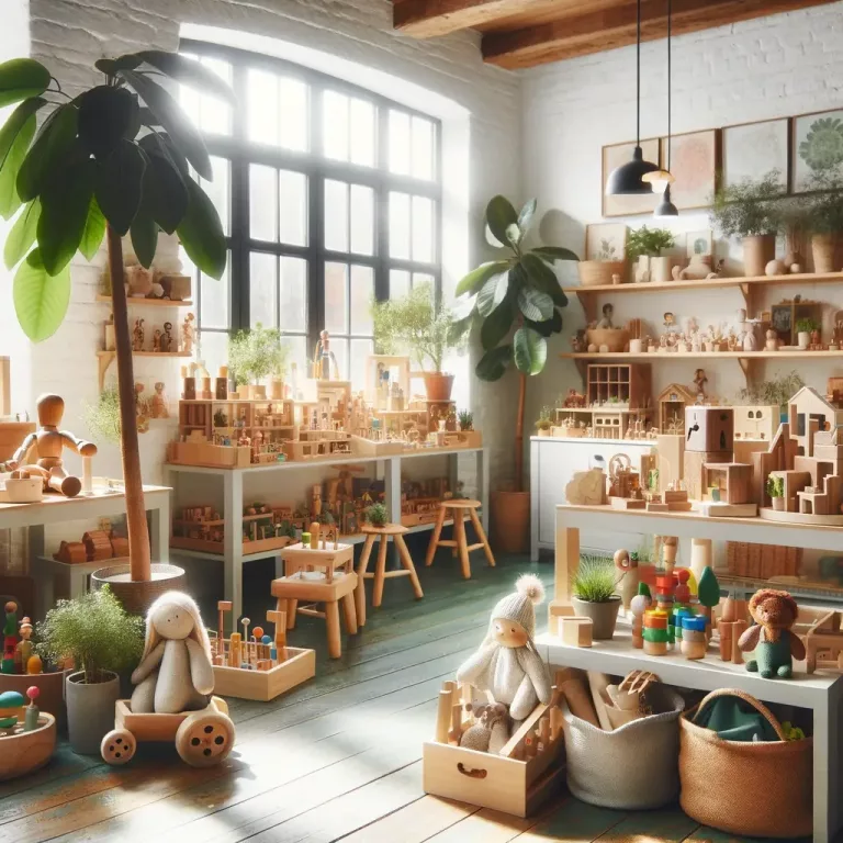 A serene, eco-friendly toy shop filled with sustainable wooden toys, educational games, and organic fabric dolls. The atmosphere conveys a sense of environmental responsibility, with potted plants adding a touch of greenery, and recycled materials visible throughout the shop.