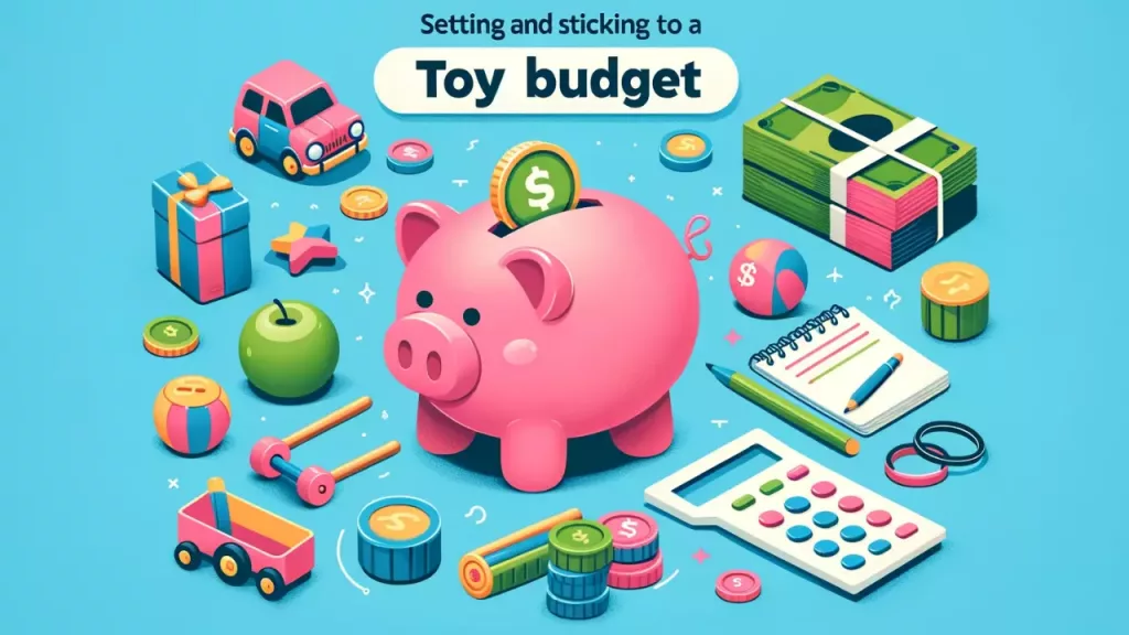 Setting and Sticking to a Toy Budget - a theme of smart financial planning for parents, featuring elements like a piggy bank, toys, and possibly a family budget plan or calculator in a harmonious and engaging composition.