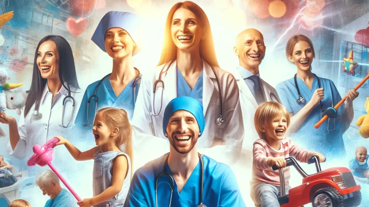 Claiming RiiRoo NHS Discounts - A collage of joyful healthcare professionals, including nurses and doctors, with their children happily playing with various kids' ride-on toys like electric cars, bikes, and scooters.