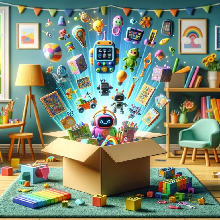 a variety of smart toys such as interactive learning devices, educational robots, and tech-savvy building blocks emerging from an open subscription box, symbolizing the excitement and variety these boxes offer.