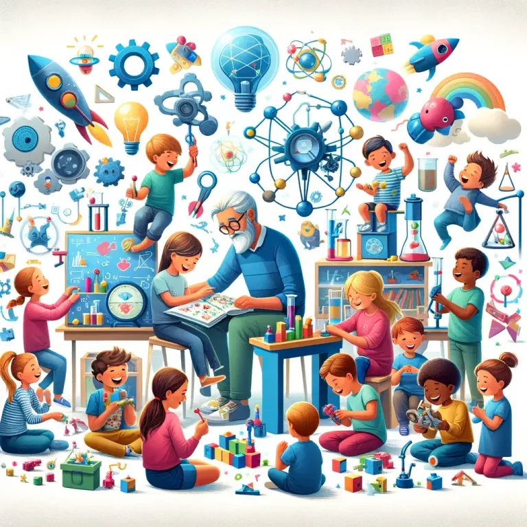 An image depicting 'The Impact of STEM Toys on Educational Well-being'. Visualize children of various ages and backgrounds engaged in playful learning with STEM toys, showing a positive and joyful learning environment. Include elements like kids experimenting with a science kit, building with engineering toys, and solving puzzles.