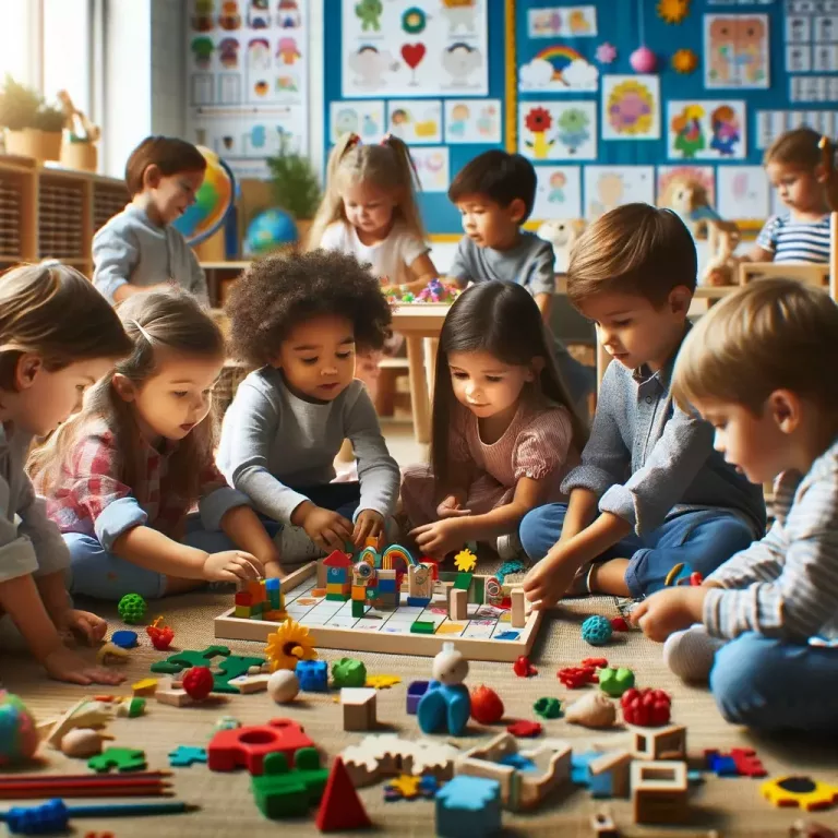 A photograph capturing a small group of children of varying ages and ethnicities, engaging in collaborative play with open-ended toys in a classroom setting.