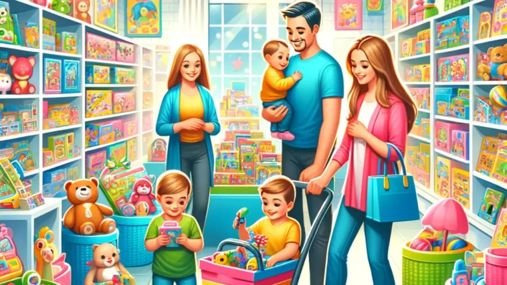 The Ultimate Guide to In-Store Toy Shopping - a family happily shopping in a toy store. The store is colorful and filled with shelves of various toys, ranging from educational to fun, imaginative playthings.