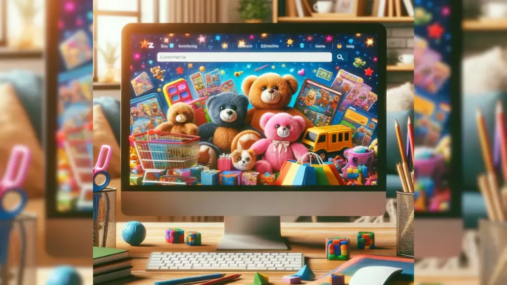 The Art of Online Toy Shopping - A colorful and vibrant image of a computer with an e-commerce website displaying various toys, such as stuffed animals, action figures, and educational games.