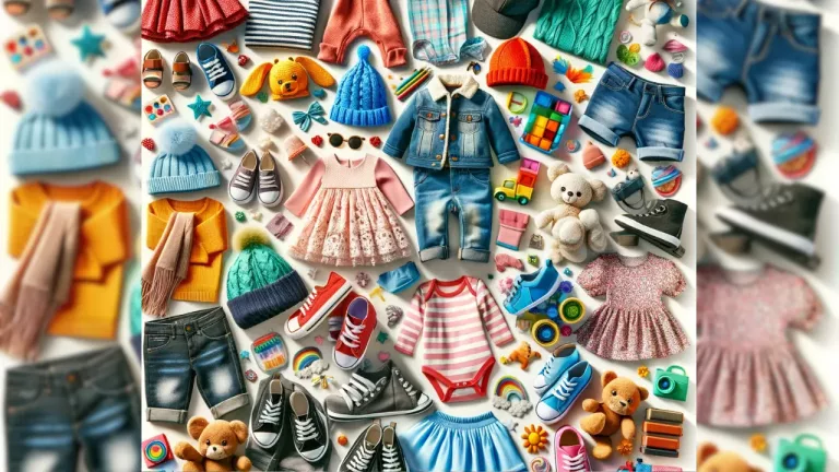 Best Deals on Children's Clothes - A collage of various children's clothing items and accessories, including colorful outfits, shoes, and small accessories like hats and scarves, displayed in an appealing and cheerful arrangement, symbolizing a variety of styles and options available for children.