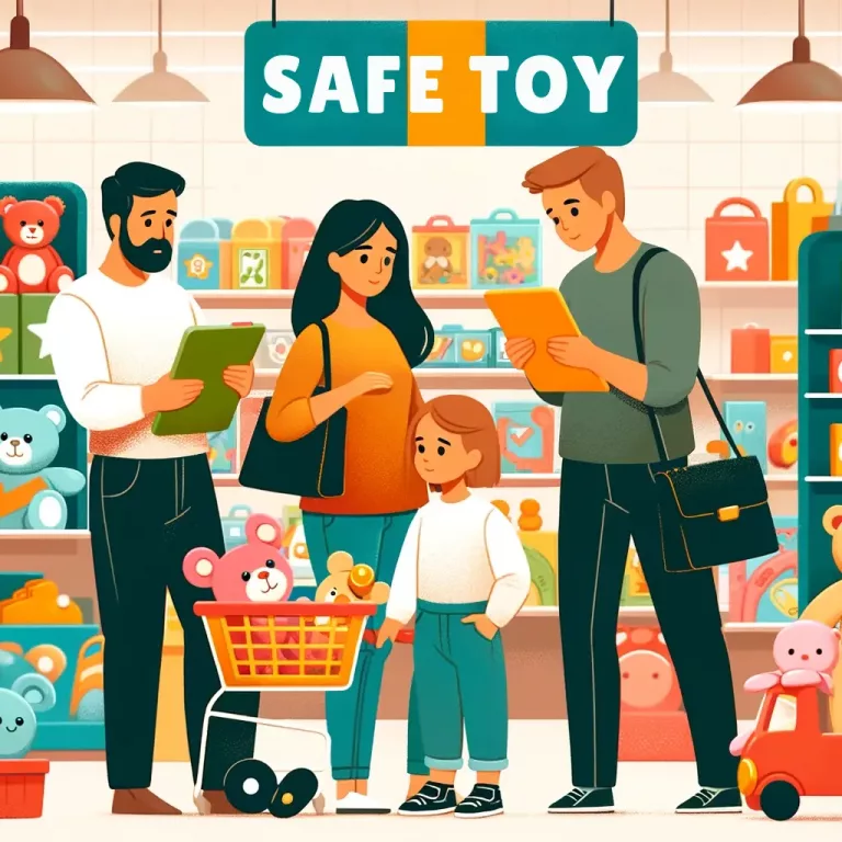 Toy Quality and Safety First - a diverse group of parents examining toys, focusing on safety features like non-toxic materials and sturdy construction.