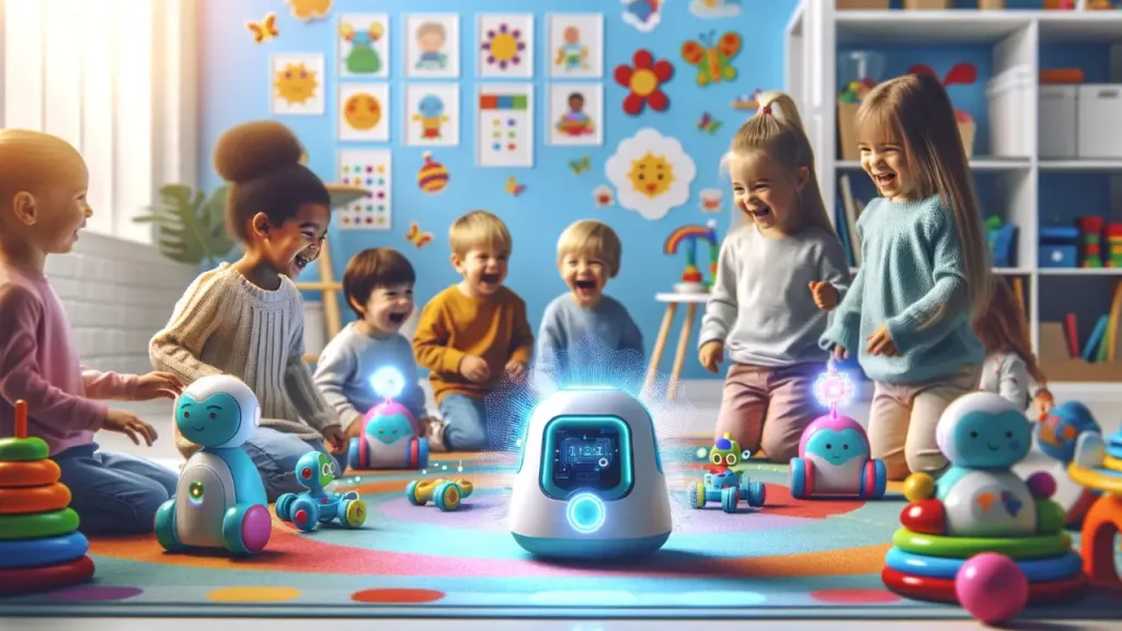 Transforming Play for Preschoolers with Smart Toys - A vibrant and playful scene featuring smart, interactive toys engaging with preschool children in a bright, colorful playroom setting.