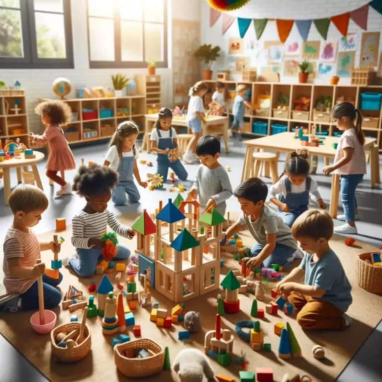 A photograph capturing a group of children of diverse ethnicities, engaged in creative play with open-ended toys in a brightly lit classroom. The toys include colorful building blocks, fabric pieces, and nature-inspired items like wooden sticks and stones.
