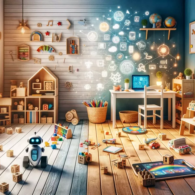 The scene combines traditional open-ended toys with modern technology. There's a child's room with wooden blocks, art supplies, and a dollhouse on one side. On the other side, there are more tech-oriented toys like a programmable robot, a digital drawing tablet, and interactive educational games on a tablet.