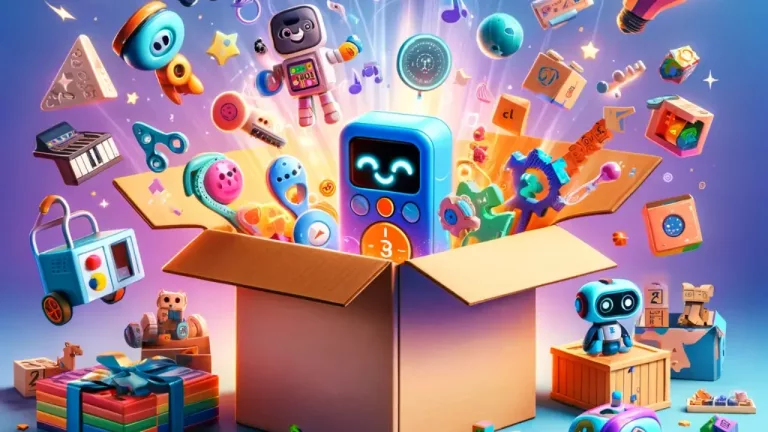 Subscription-Based Smart Toy Boxes - a colorful, playful, and educational setting, with a variety of smart toys such as interactive learning devices, educational robots, and tech-savvy building blocks.