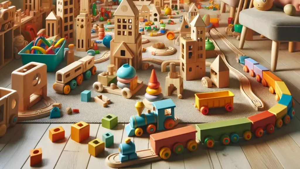 What Are Open-ended Toys - A photograph of a variety of open-ended toys scattered in a playroom. The toys include building blocks, a wooden train set, and clay sculptures, showcasing their versatility and encouraging creativity.