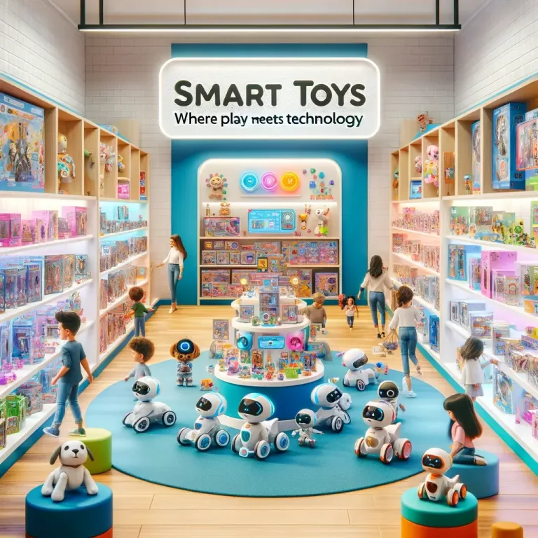 A modern toy store scene filled with various smart toys. The shelves are stocked with robotic dogs, interactive games, and electronic pets.