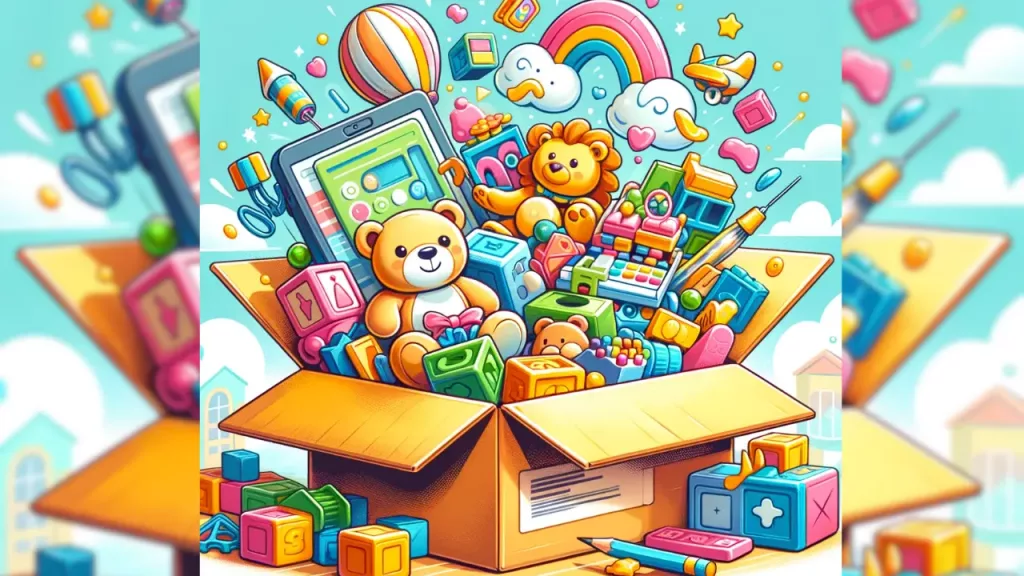 What Is A Toy Subscription Service - a variety of children's toys like stuffed animals, building blocks, and educational games, all packaged in a whimsical, cartoon-like subscription box.