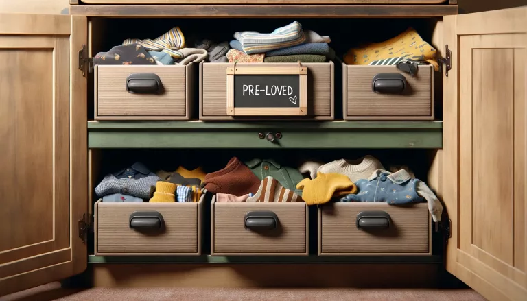 a childs wardrobe with open drawers revealing preloved clothing