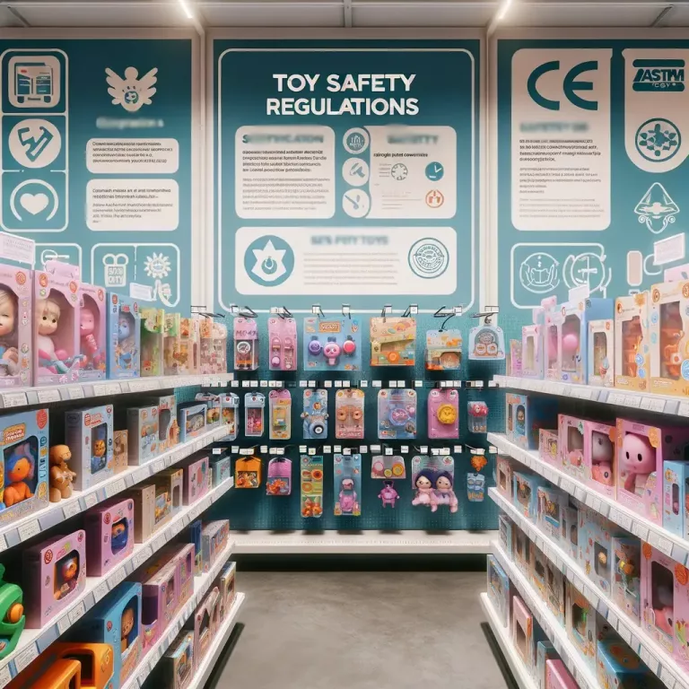 a toy store aisle focused on safety and regulations for kids' toys. The shelves are organized with clear labels indicating various safety certifications and age recommendations.