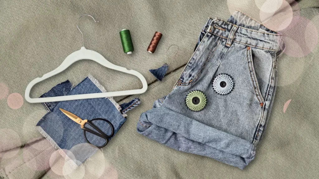 A pair of a cut-off denim shorts, a swatch of fabric, scissors, thread and a hanger laid on green jersey fabric.