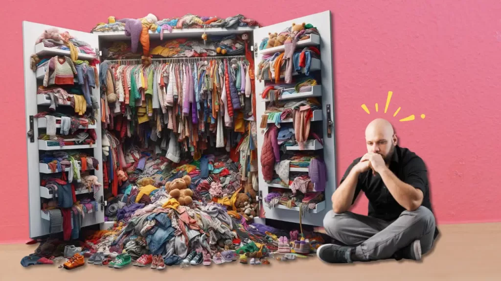 a bald person sitting on the floor, looking overwhelmed by an overstuffed closet full of clothes that have spilled out around them, against a pink background.