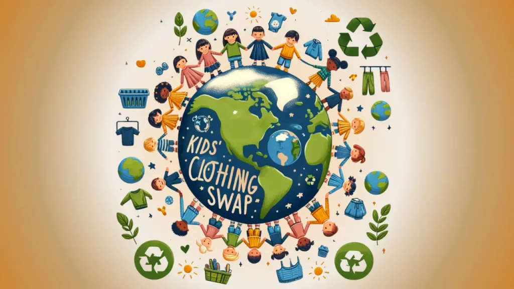 image focusing on the environmental and social benefits of kids' clothing swaps, with children of diverse backgrounds symbolizing unity and environmental stewardship around a globe, surrounded by icons representing the positive impacts of these events.